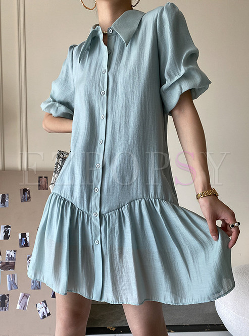 Silk Turn-Down Collar Mini Shirt Dresses