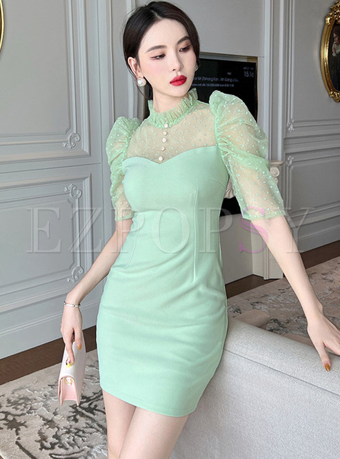 Sexy Puff Sleeve Mesh Patch Pencil Dresses