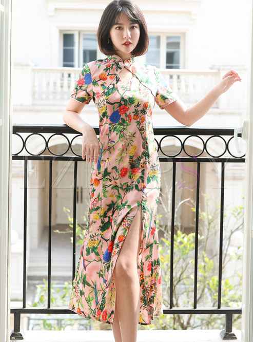 Sexy Floral Print Side Slit Cheongsam Dresses