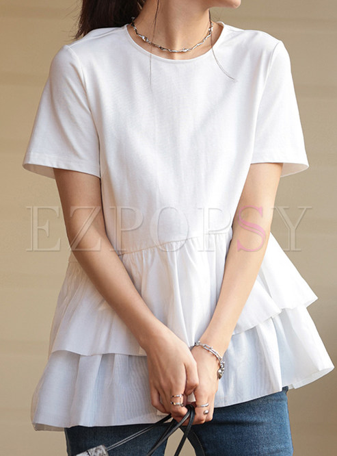 Crew Neck Patch Ruffle Tees for Women