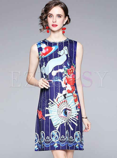 Summer Sleeveless Floral Print Shift Dress