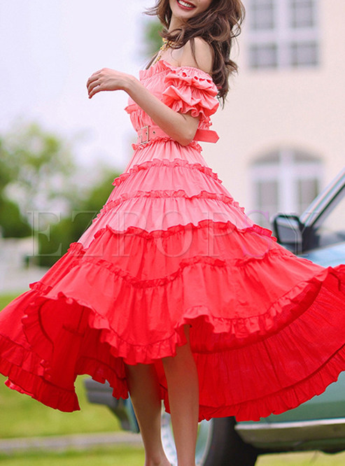 Boho Off-The-Shoulder Patchwork Pleated Layer Frill Dress