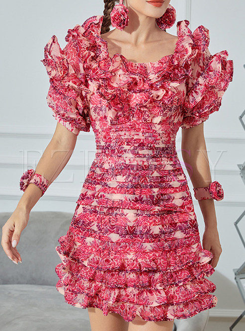Crew Neck Ruffle Floral Print Mini Bodycon Dresses