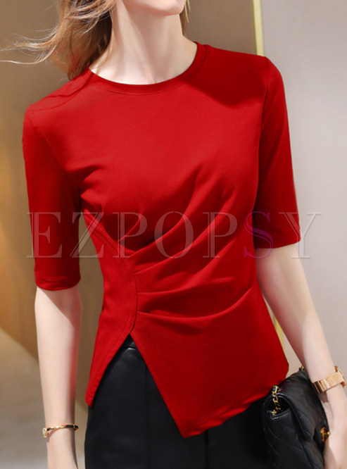 Women Solid Ruched Split Tees Tops