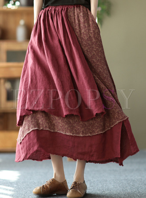 Women Ethnic Patchwork Pleated Tiered Skirts