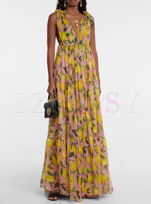 Elegant Deep V-Neck Chiffon Floral Print Flutter Long Dresses