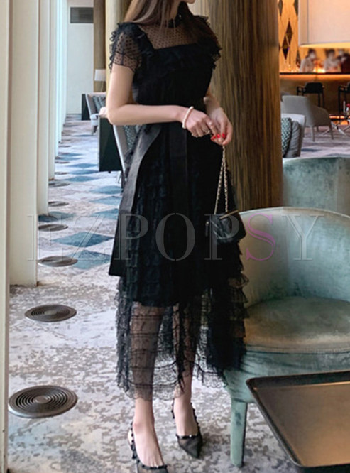 Summer Crew Neck Black Lace Long Layered Dresses