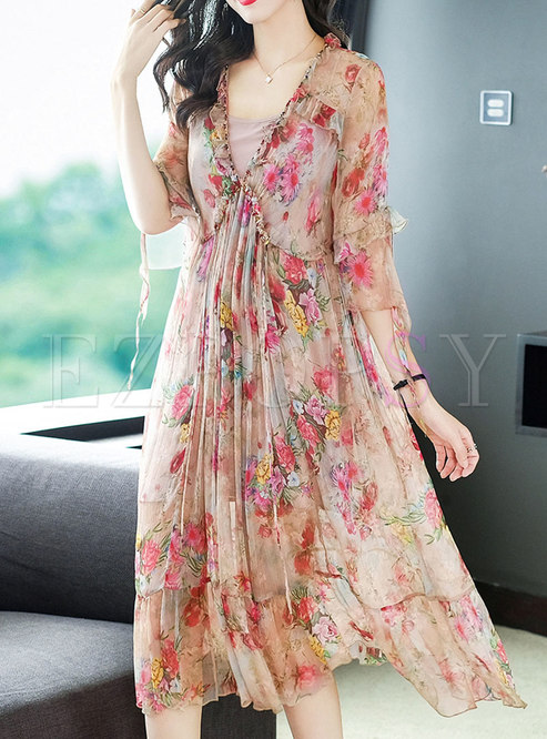 Floral Print Silk Casual Midi Dress