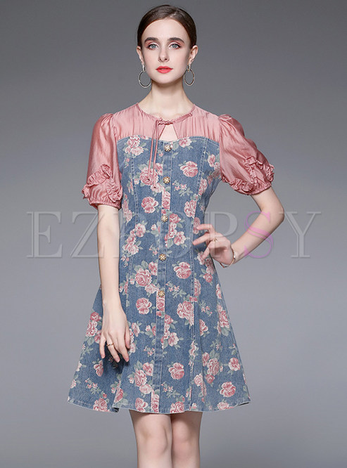 Short Sleeve Floral Print Denim Dresses