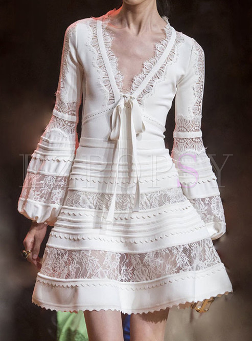 Deep V-Neck Lace Splicing Sheer Mini Dresses