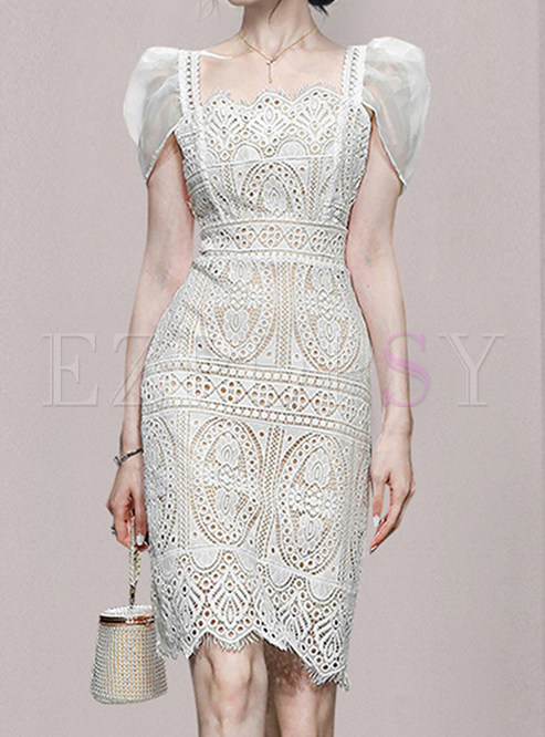 Square Neck Lace Embroidered Sheath Dresses