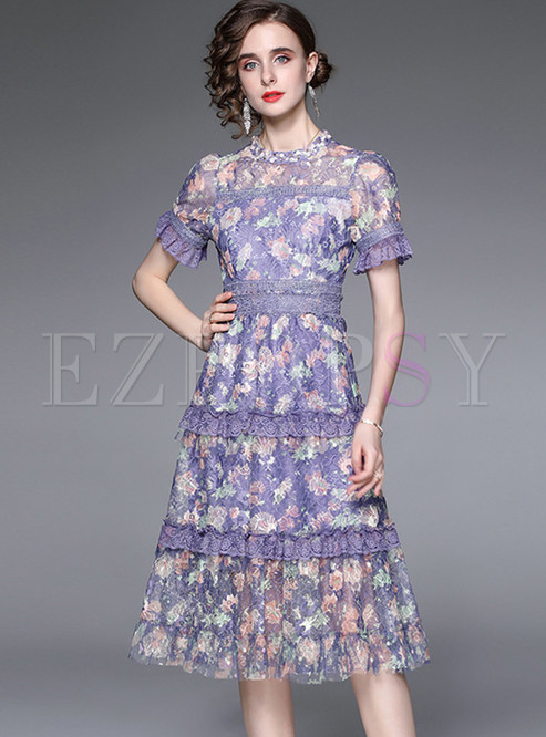 Elegant Floral Print Lace Patch Skater Dresses