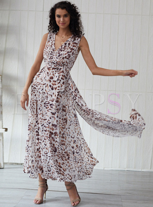 Summer High Split Leopard Print Chiffon Long Dresses
