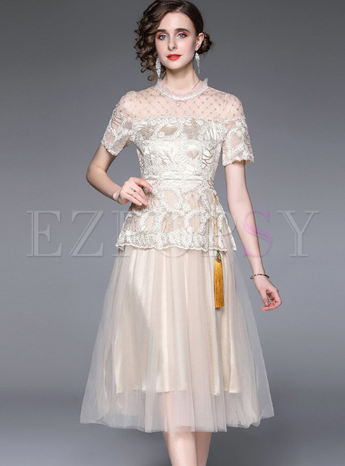 Party Collared Patch Lace Dresses