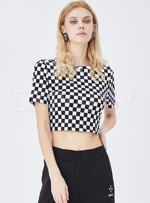 Fashion Short Sleeve Checkerboard Women Crop Tops