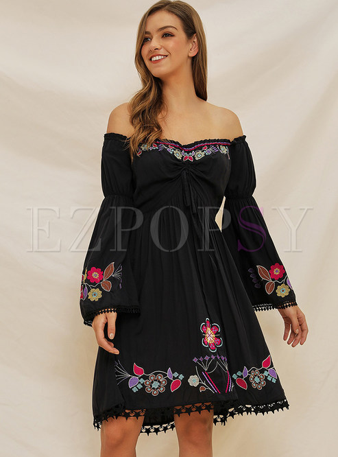 Off-The-Shoulder Flare Sleeve Embroidered Beach Dress