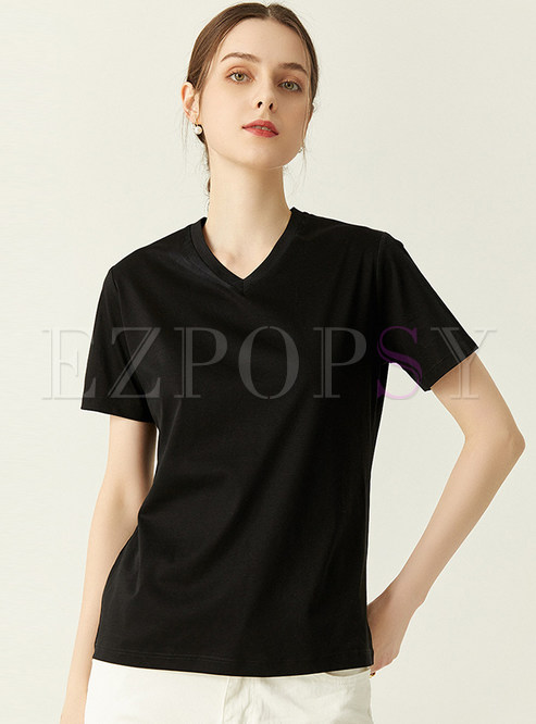 Solid Color Cotton Short Sleeve Tops For Women