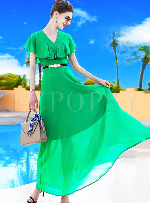Summer V-Neck Chiffon Green Maxi Dress