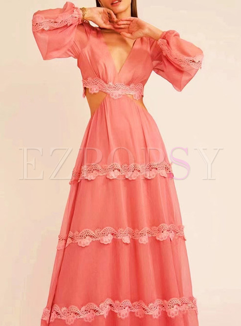 Beach Long Sleeve Waist Hollow Out Embroidered Maxi Dresses