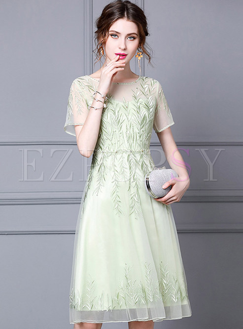 Crew Neck Embroidered Lace Bridesmaid Dresses