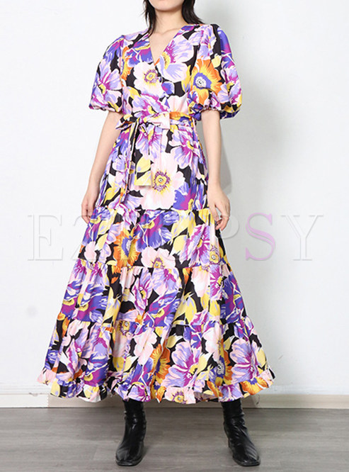 Summer Resort Bishop Sleeve Floral Print Casual Long Dresses