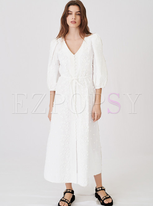 Premium V-Neck Swiss Dot White Dresses