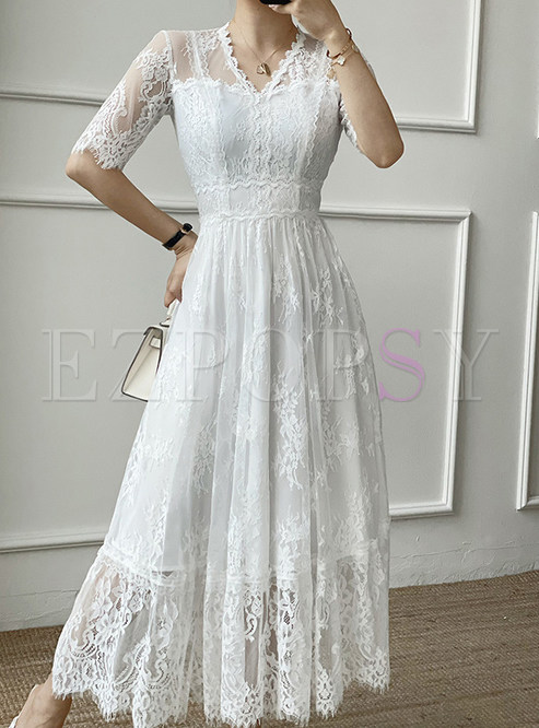 V-Neck Embroidered Lace White Maxi Dress