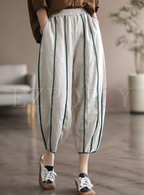 Casual High Waisted Linen Striped Womens Cropped Pants