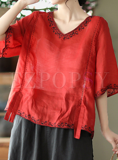 V-Neck Embroidered Loose Ladies Blouses