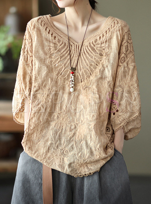 V-Neck Embroidered Batwing Sleeve Plus Size Tops