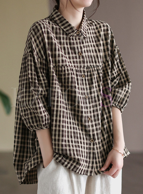 Oversize 3/4 Sleeve Plaid Button-Front Shirts