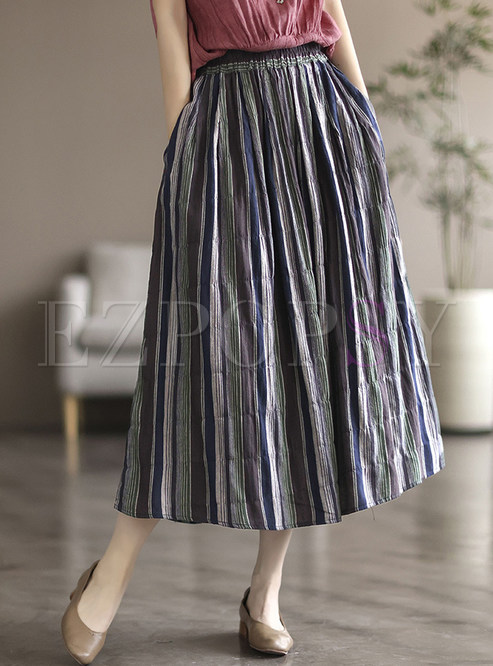Ethnic Elastic Waist Striped Linen Skirts