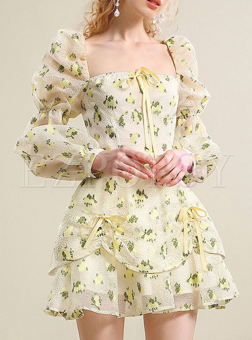 Square Neck Long Sleeve Floral Petite Mini Bubble Dresses