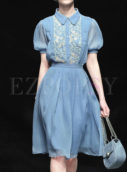 Shirt Collar Embroidered Dressy Tops & A-Line Skirts