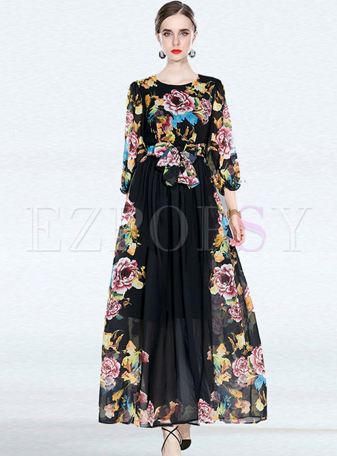 Court Long Sleeve Floral Print Chiffon Maxi Dresses