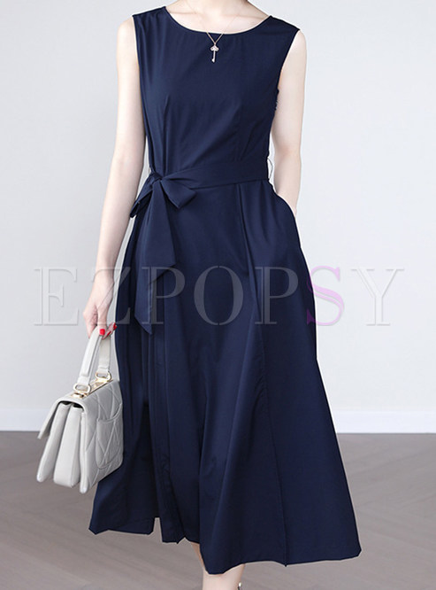 Sleeveless Solid Color Tie Waist Cotton Cocktail Dresses
