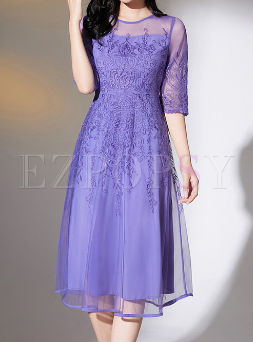 Half Sleeve Embroidered Mesh Gown For Women