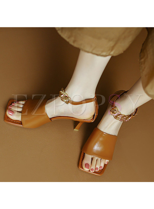Square Toe Metal Buckle Square Heel Sandals For Women