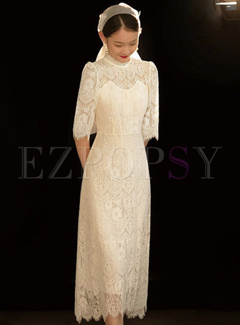 Lace Detail Half Sleeve Vintage Transparent Wedding Dresses