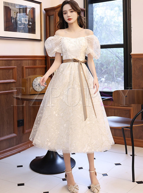 Petite Fitted Puff Sleeve Crochet Sequin Princess Wedding Gown