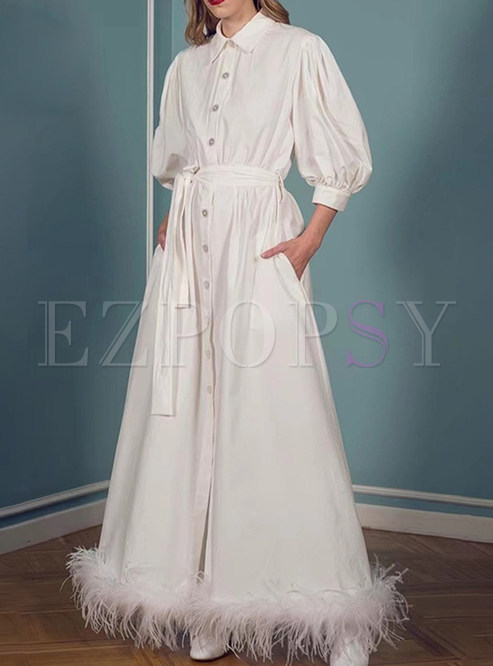 Button Front Puff Sleeve Feathers Splicing Long Dresses
