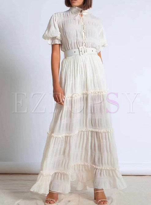 Puff Sleeve Mock Neck Pleated Layer Frill Dresses