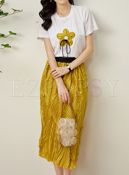 Glamorous Flowers Pleated Ladies Skirt Outfits