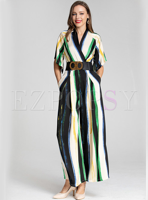 Womens V-Neck Colorful Striped Wide Leg Playsuit