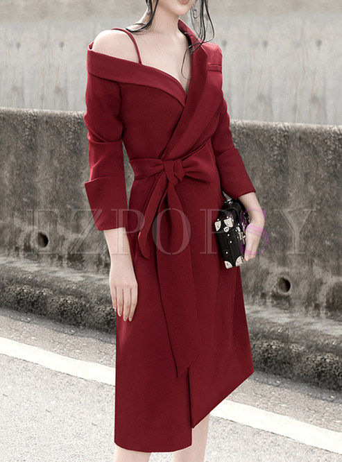 One Shoulder Long Sleeve Sexy Tie Waist Office Dresses