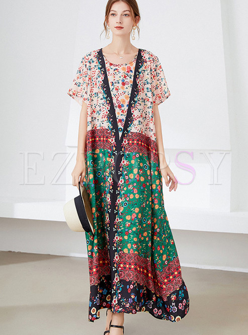 Plus Size Floral Print Patchwork Long Dresses