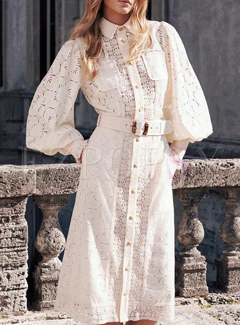 Shirt Collar Lantern Sleeve Water Soluble Lace White Dresses