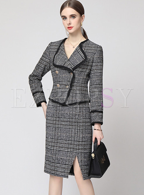 Double-Breasted Notched Collar Checkerboard Office Skirt Outfits