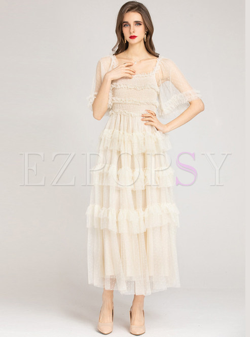 Square Neck Mesh Pleated Layer Frill Dresses