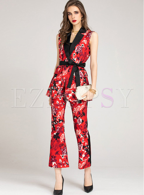 Sleeveless Notched Collar All Over Print Ladies Dress Pant Suits